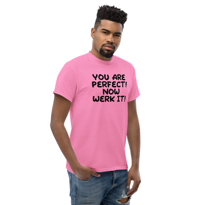"You Are Perfect! Now Werk It!" printed on a azalea unisex classic tee worn by a male