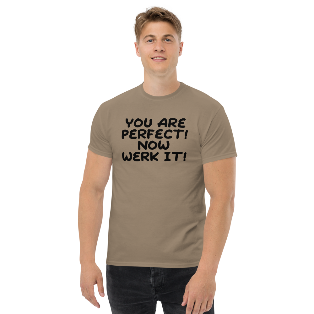 "You Are Perfect! Now Werk It!" printed on a brown savana unisex classic tee worn by a male