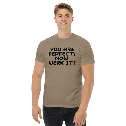 "You Are Perfect! Now Werk It!" printed on a brown savana unisex classic tee worn by a male