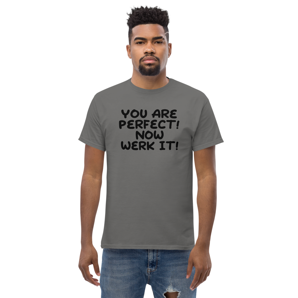 "You Are Perfect! Now Werk It!" printed on a charcoal unisex classic tee worn by a male