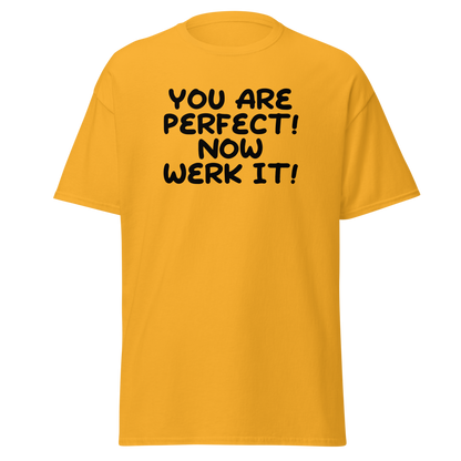 "You Are Perfect! Now Werk It!" printed on a gold on an invisible body