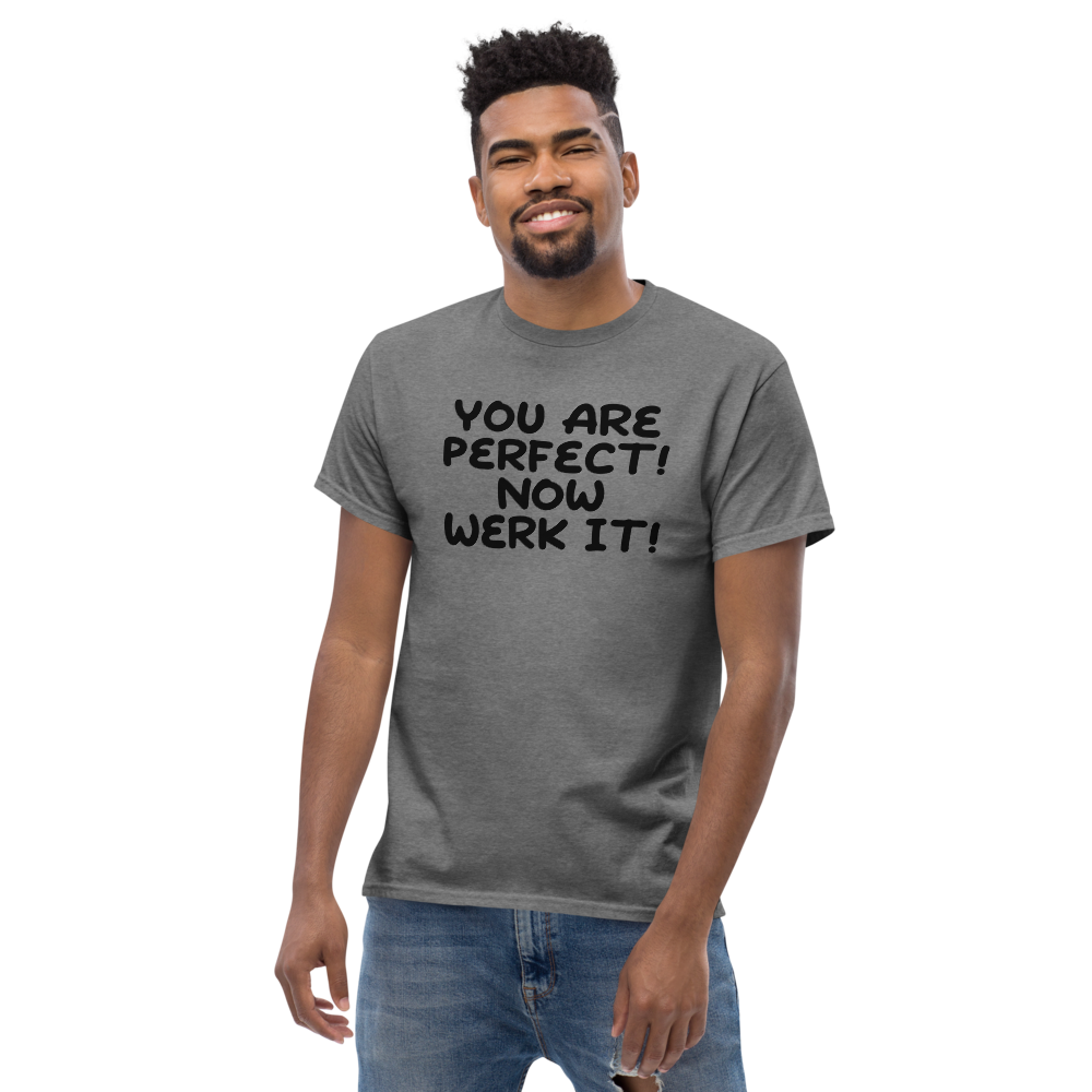 "You Are Perfect! Now Werk It!" printed on a graphite heather unisex classic tee worn by a male