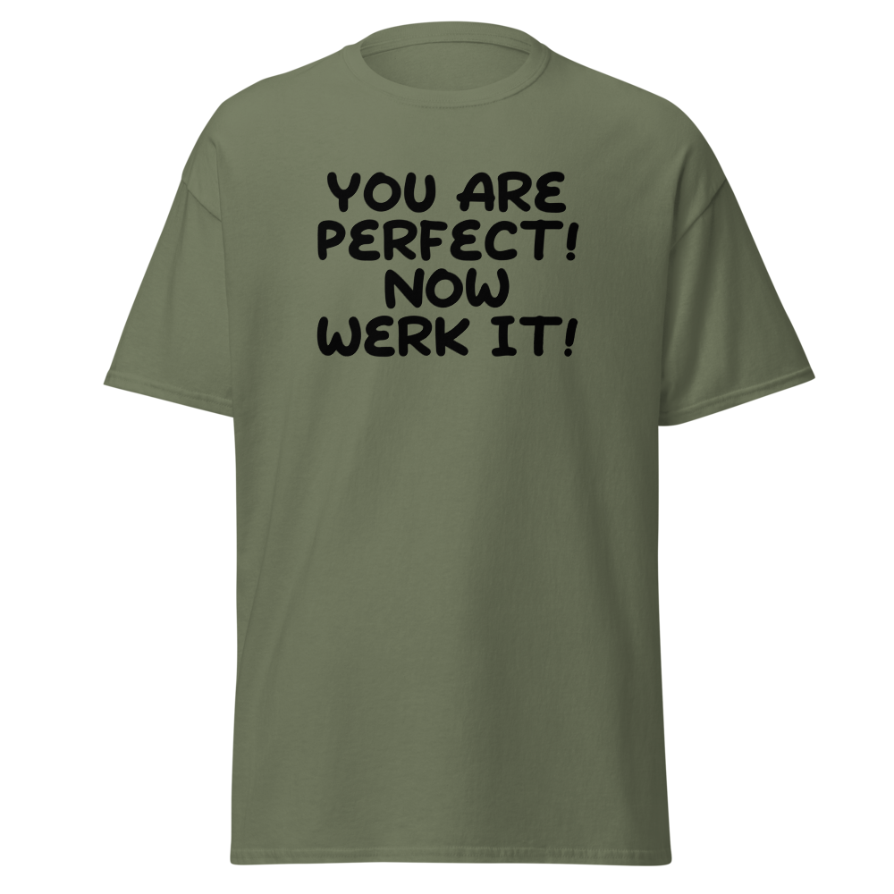 "You Are Perfect! Now Werk It!" printed on a military green on an invisible body