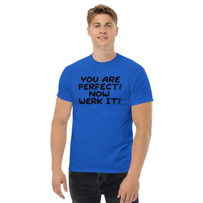 "You Are Perfect! Now Werk It!" printed on a royal unisex classic tee worn by a male