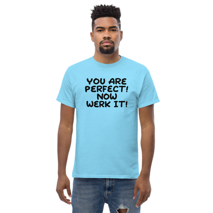 "You Are Perfect! Now Werk It!" printed on a sky unisex classic tee worn by a male