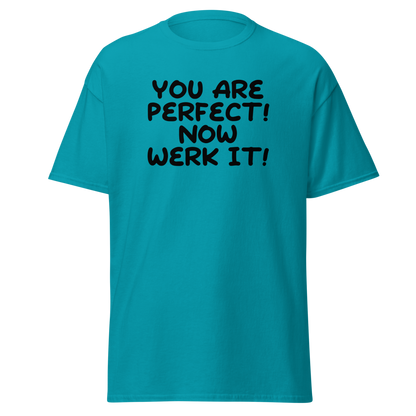 "You Are Perfect! Now Werk It!" printed on a tropical blue on an invisible body