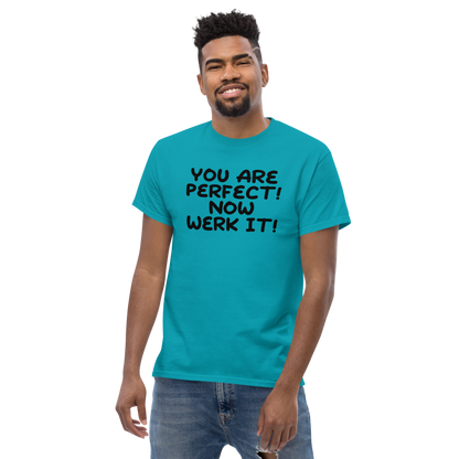 "You Are Perfect! Now Werk It!" printed on a tropical blue unisex classic tee worn by a male
