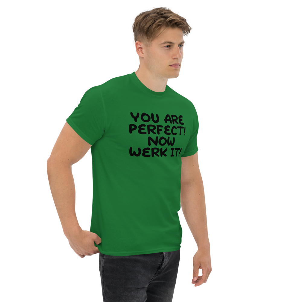 "You Are Perfect! Now Werk It!" printed on a turf green unisex classic tee worn by a male