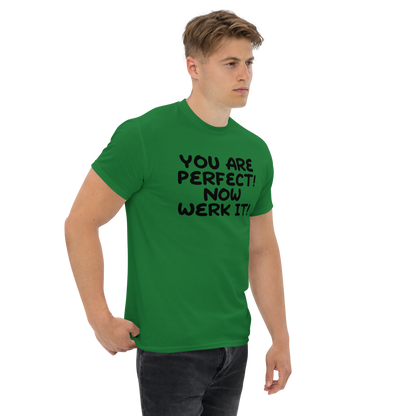 "You Are Perfect! Now Werk It!" printed on a turf green unisex classic tee worn by a male