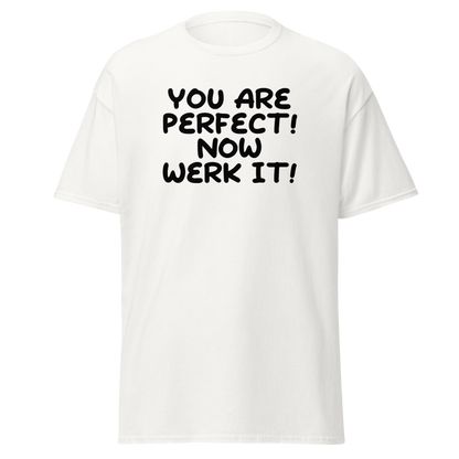 "You Are Perfect! Now Werk It!" printed on a white on an invisible body