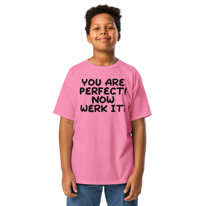 "You Are Perfect! Now Werk It!" printed on a azalea youth classic tee worn by a male