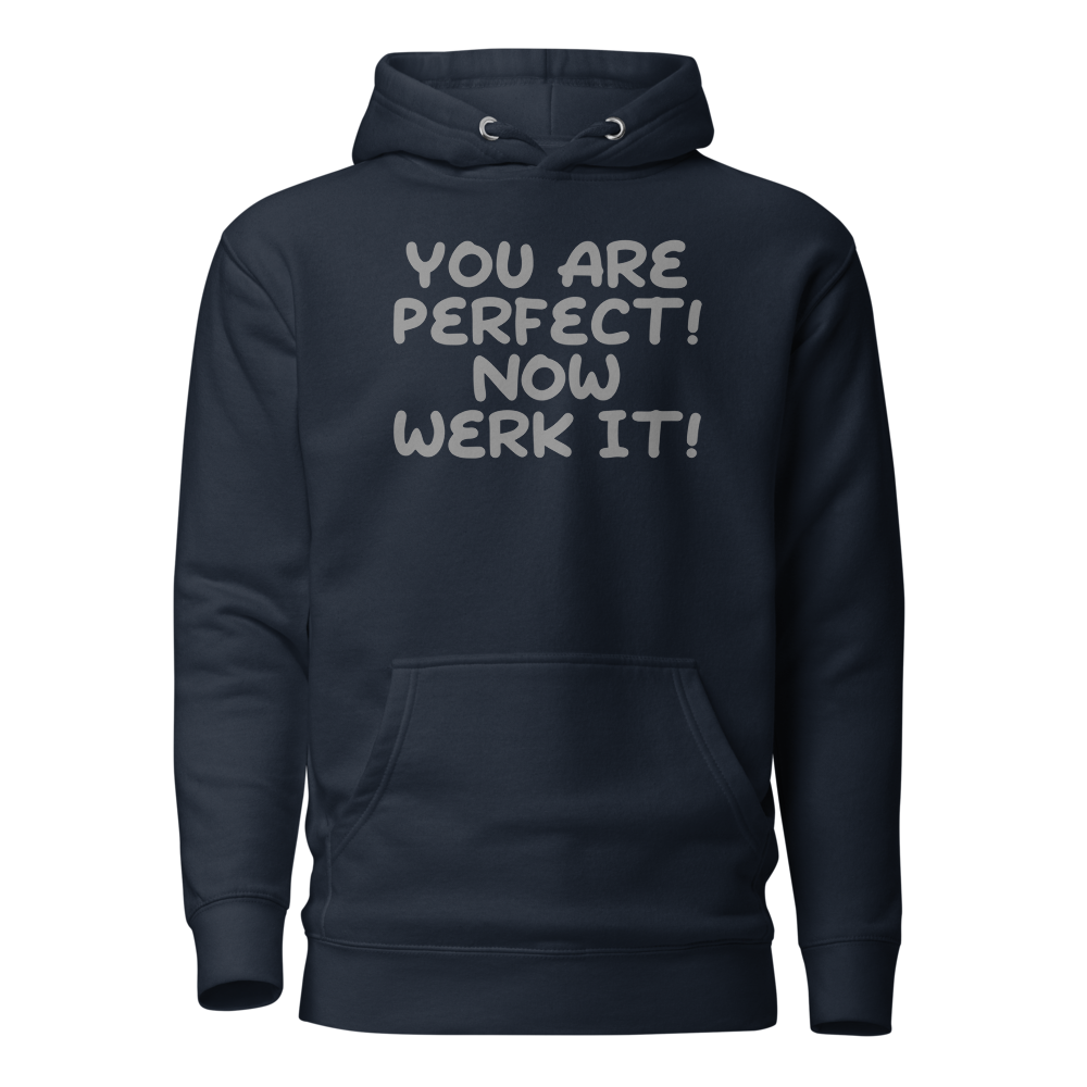 "You Are Perfect! Now Werk It!" printed on a navy blazer on an invisible / simulated body