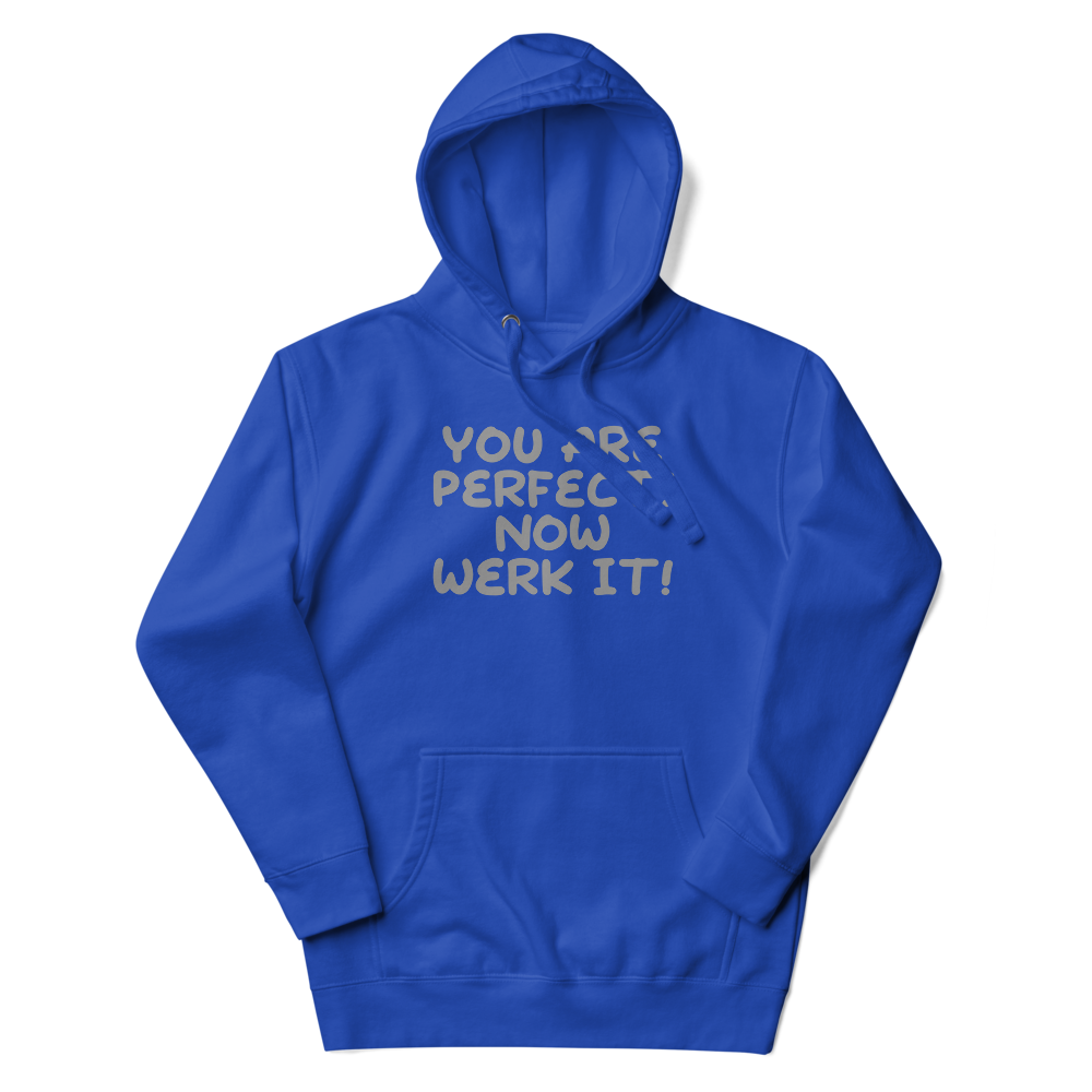 "You Are Perfect! Now Werk It!" printed on a team royal unisex hoodie laying on a flat surface with the hood up