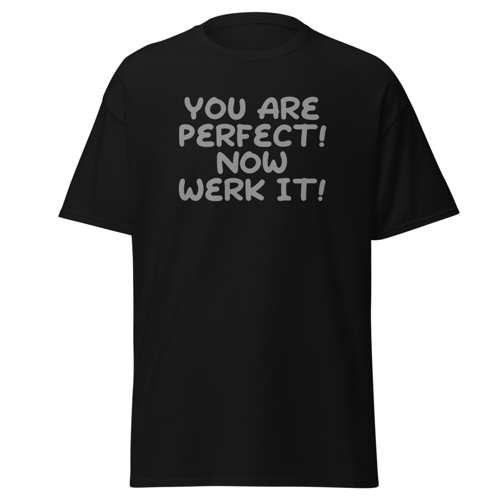 "You Are Perfect! Now Werk It!" printed on a black on an invisible body