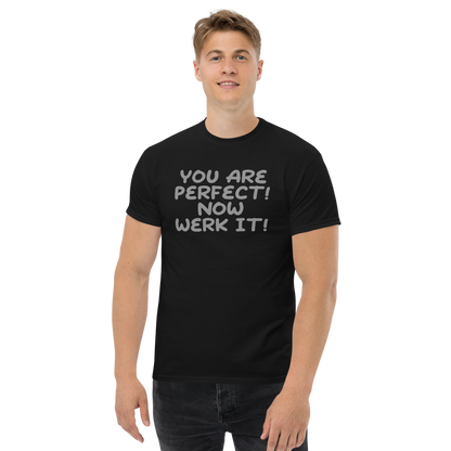 "You Are Perfect! Now Werk It!" printed on a black unisex classic tee worn by a male