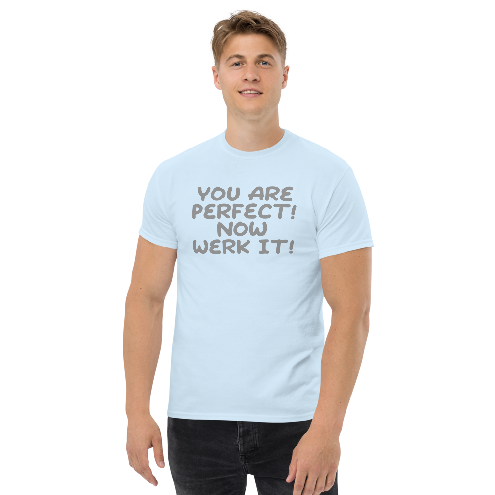 "You Are Perfect! Now Werk It!" printed on a light blue unisex classic tee worn by a male