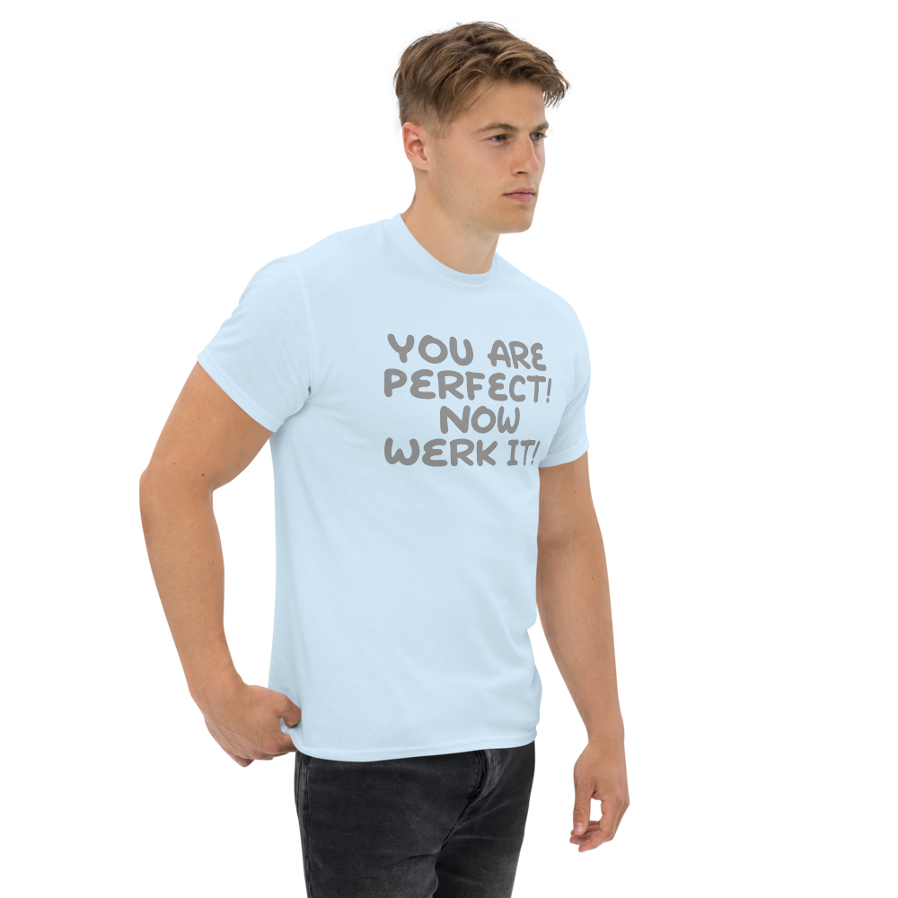 "You Are Perfect! Now Werk It!" printed on a light blue unisex classic tee worn by a male