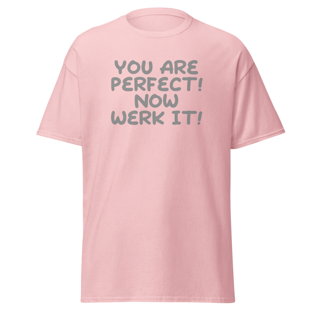 "You Are Perfect! Now Werk It!" printed on a light pink on an invisible body