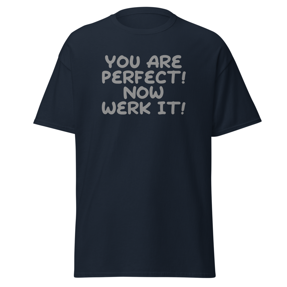 "You Are Perfect! Now Werk It!" printed on a navy on an invisible body