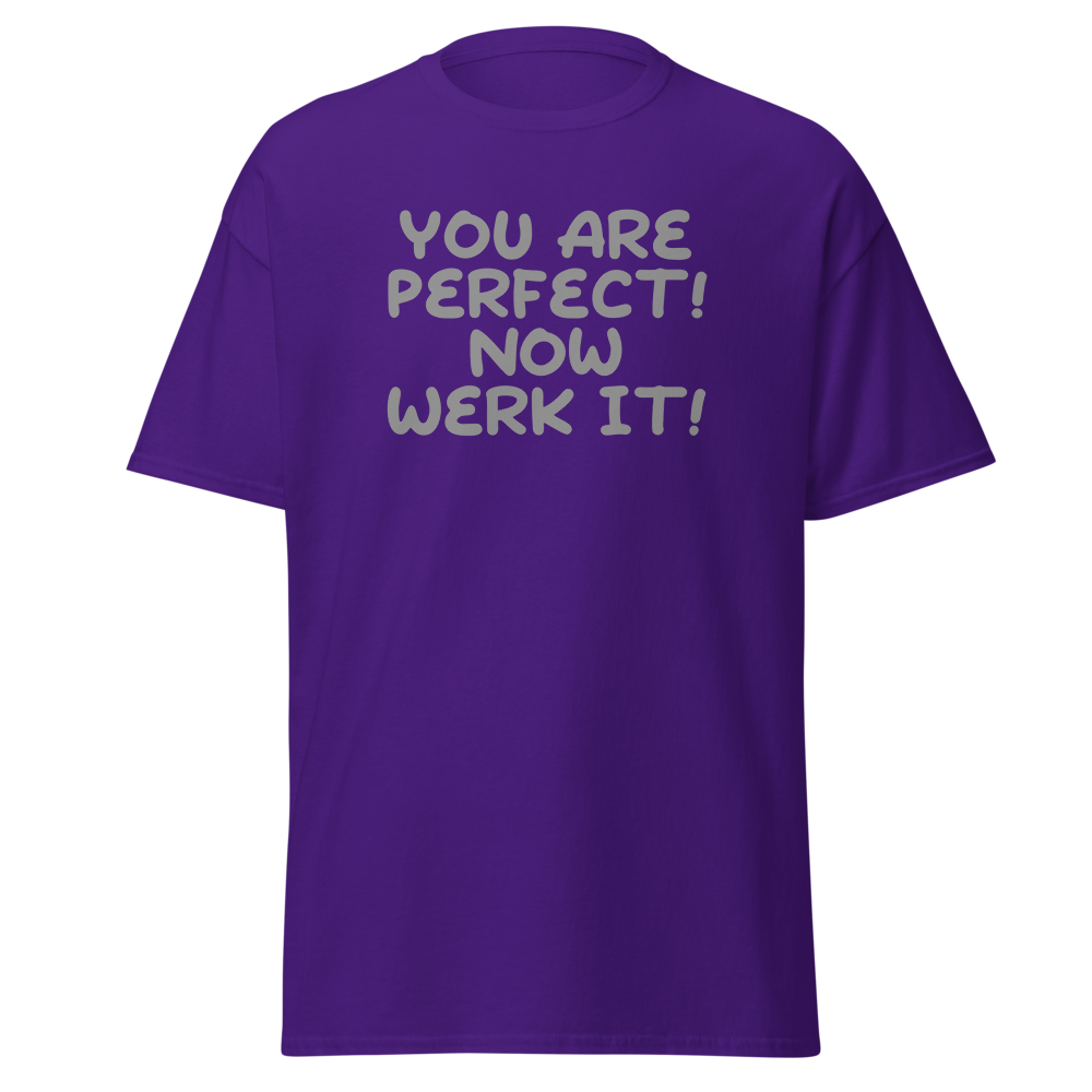 "You Are Perfect! Now Werk It!" printed on a purple on an invisible body