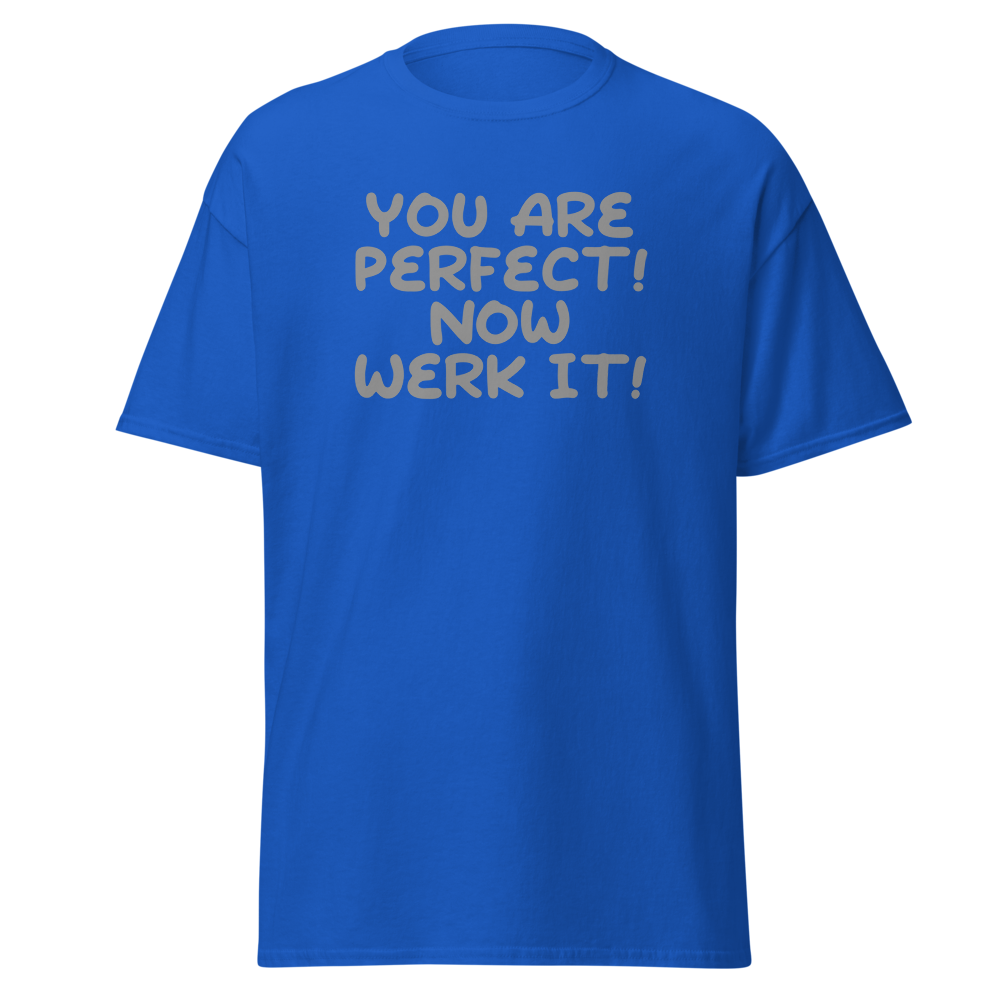 "You Are Perfect! Now Werk It!" printed on a royal on an invisible body
