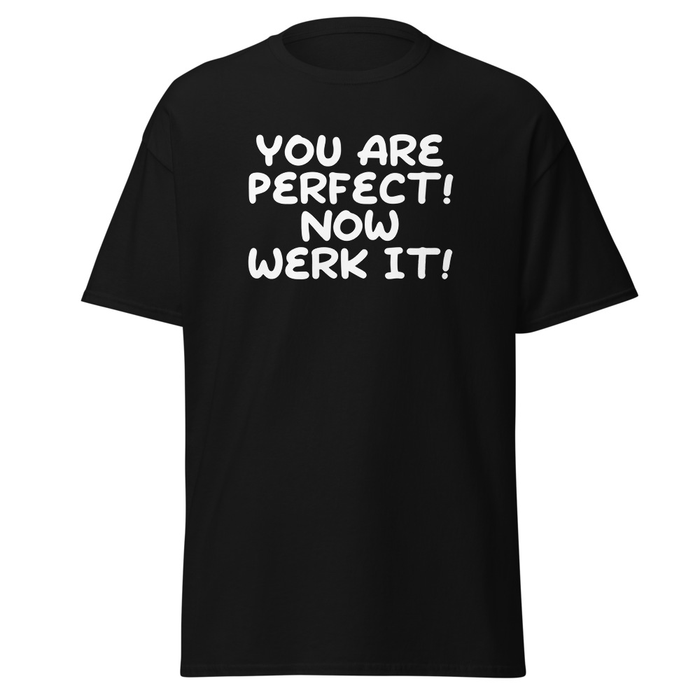 "You Are Perfect! Now Werk It!" printed on a black on an invisible body