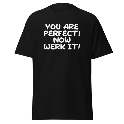 "You Are Perfect! Now Werk It!" printed on a black on an invisible body
