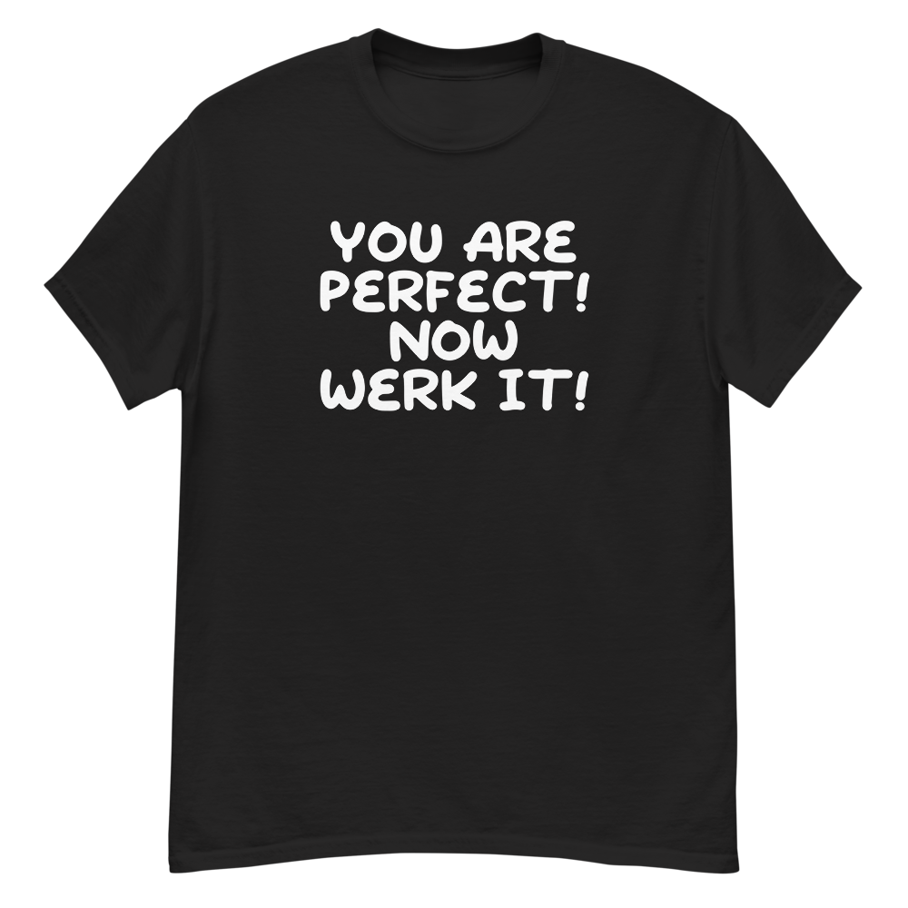"You Are Perfect! Now Werk It!" printed on a black unisex classic tee laying on a flat surface