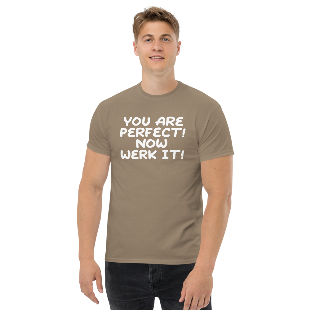 "You Are Perfect! Now Werk It!" printed on a brown savana unisex classic tee worn by a male