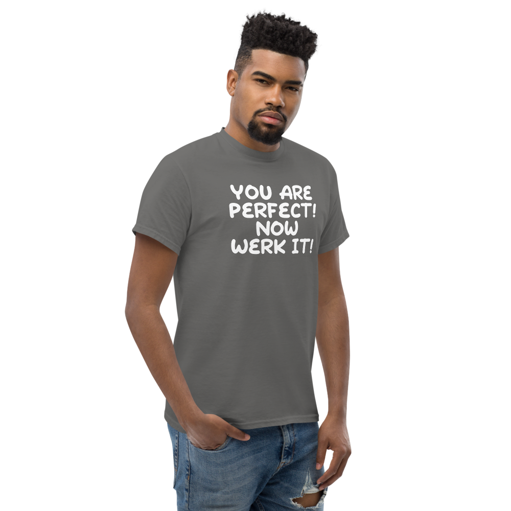 "You Are Perfect! Now Werk It!" printed on a charcoal unisex classic tee worn by a male