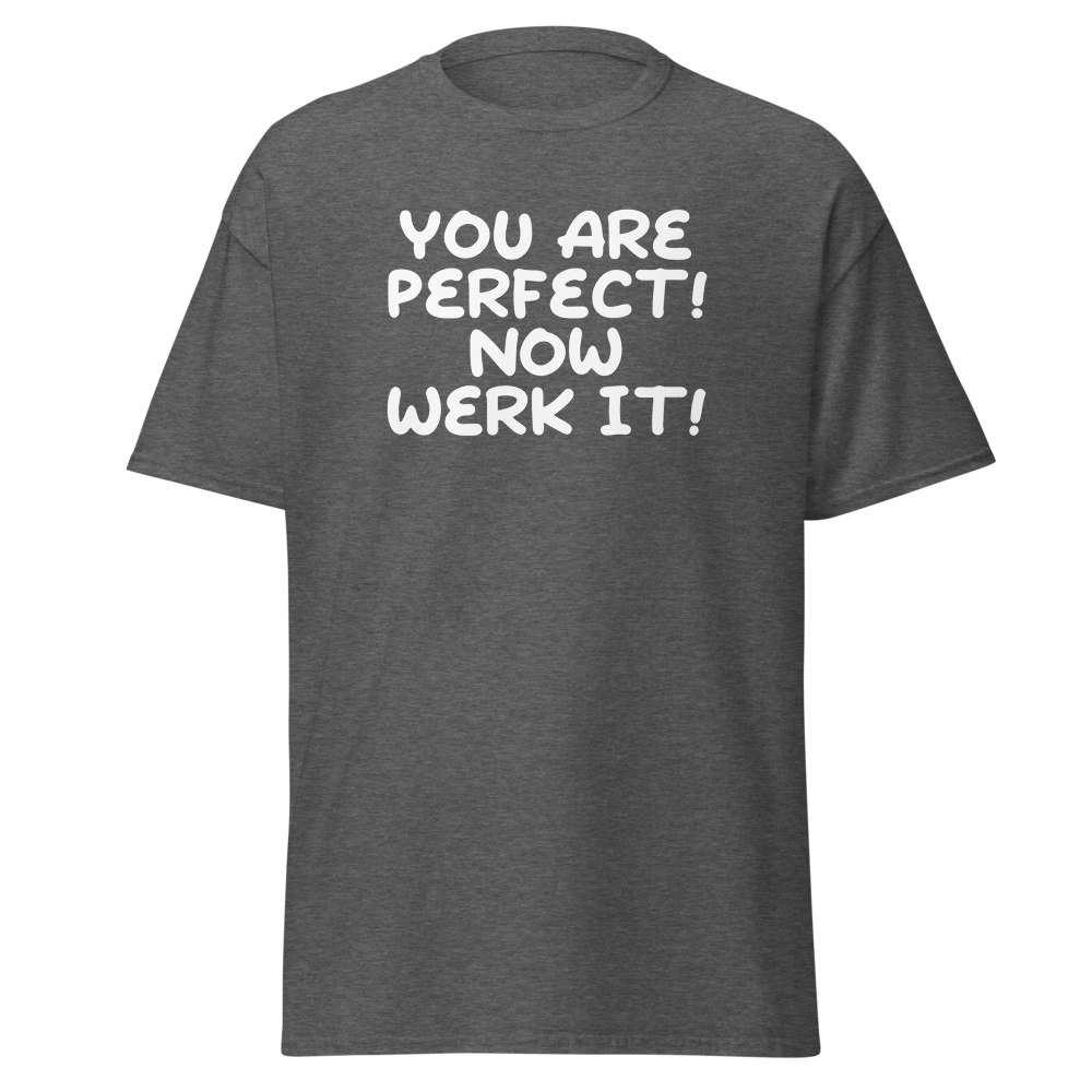 "You Are Perfect! Now Werk It!" printed on a dark heather on an invisible body