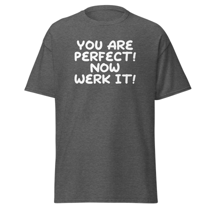 "You Are Perfect! Now Werk It!" printed on a dark heather on an invisible body