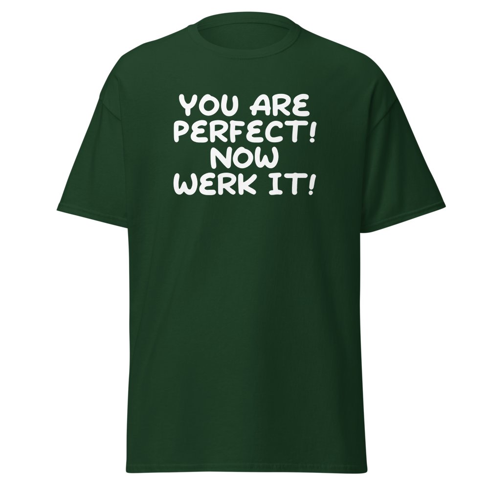 "You Are Perfect! Now Werk It!" printed on a forest green on an invisible body