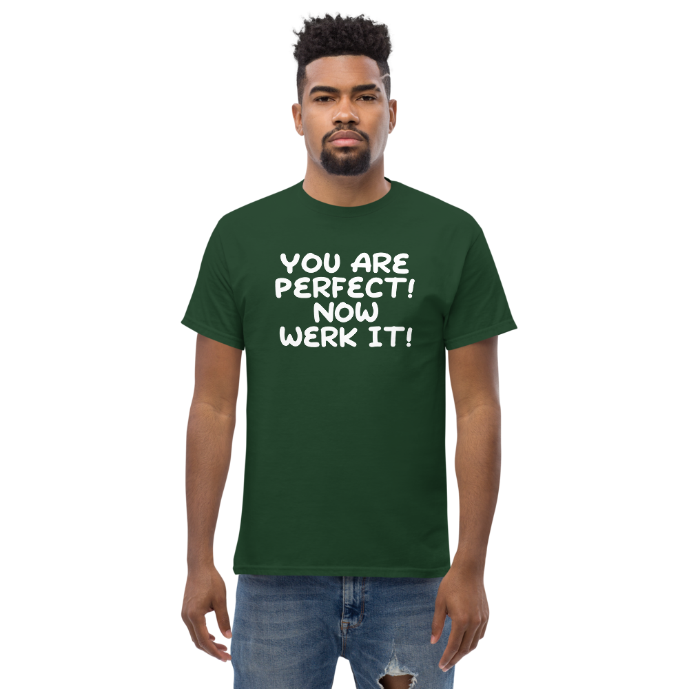 "You Are Perfect! Now Werk It!" printed on a forest green unisex classic tee worn by a male