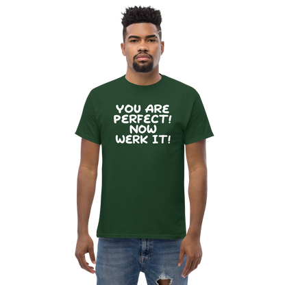 "You Are Perfect! Now Werk It!" printed on a forest green unisex classic tee worn by a male