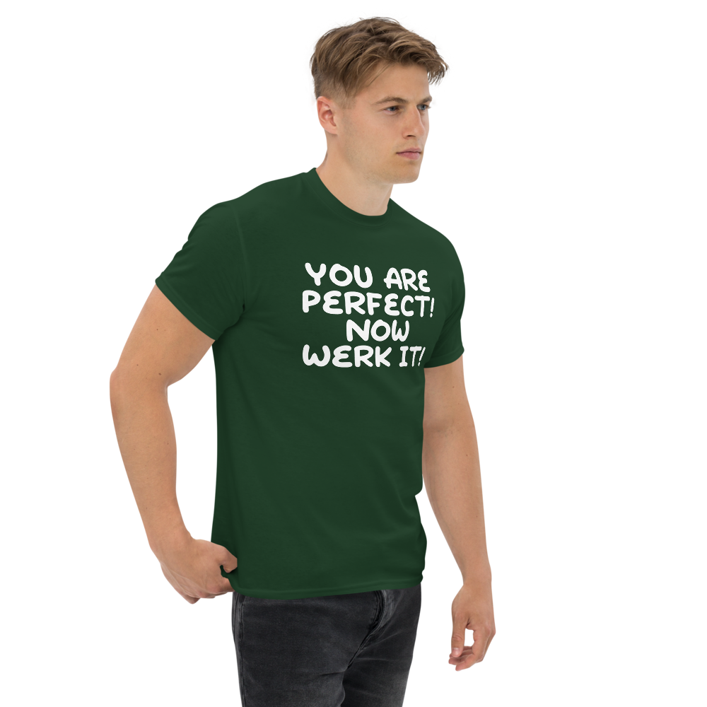 "You Are Perfect! Now Werk It!" printed on a forest green unisex classic tee worn by a male