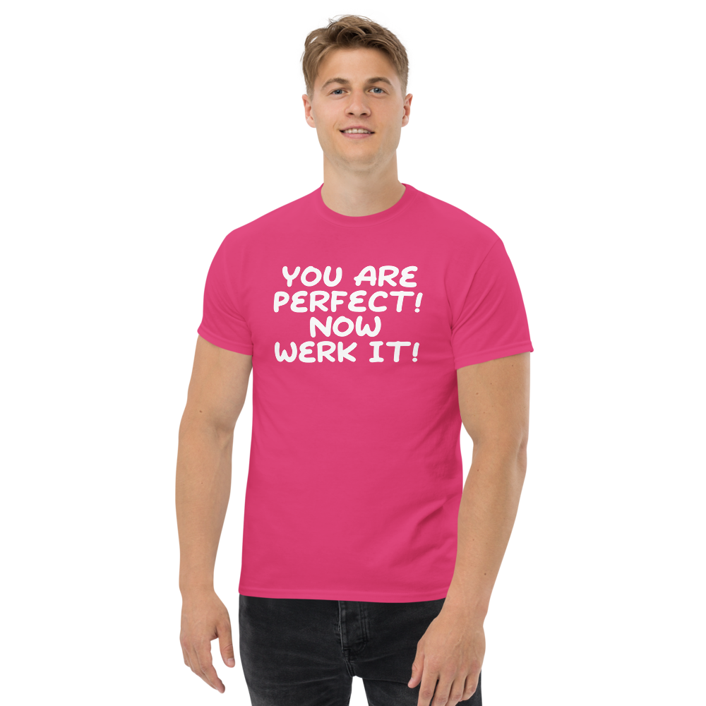 "You Are Perfect! Now Werk It!" printed on a heliconia unisex classic tee worn by a male