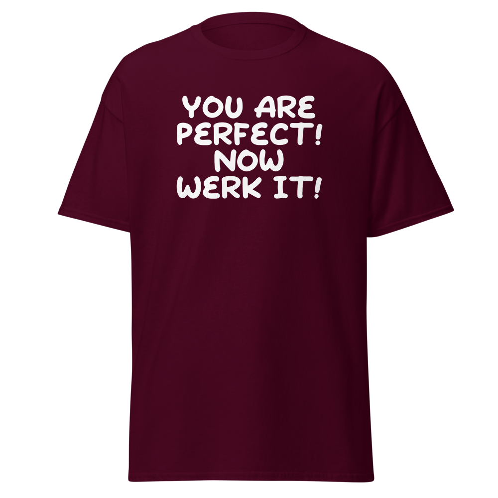 "You Are Perfect! Now Werk It!" printed on a maroon on an invisible body