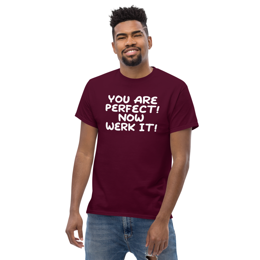 "You Are Perfect! Now Werk It!" printed on a maroon unisex classic tee worn by a male