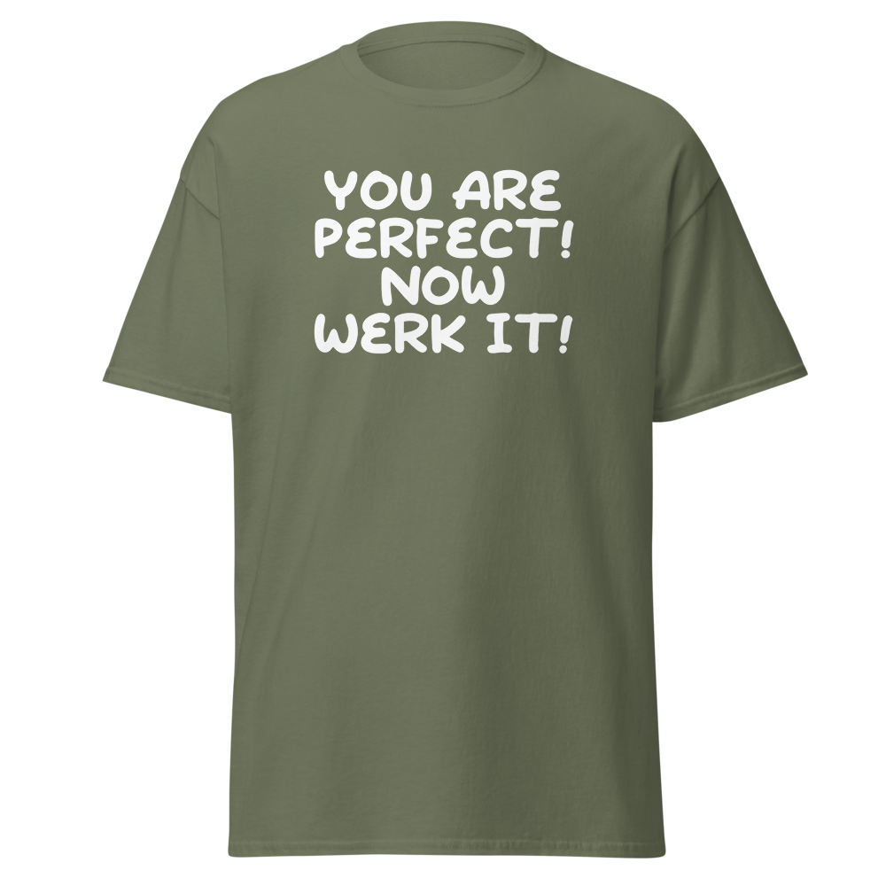 "You Are Perfect! Now Werk It!" printed on a military green on an invisible body