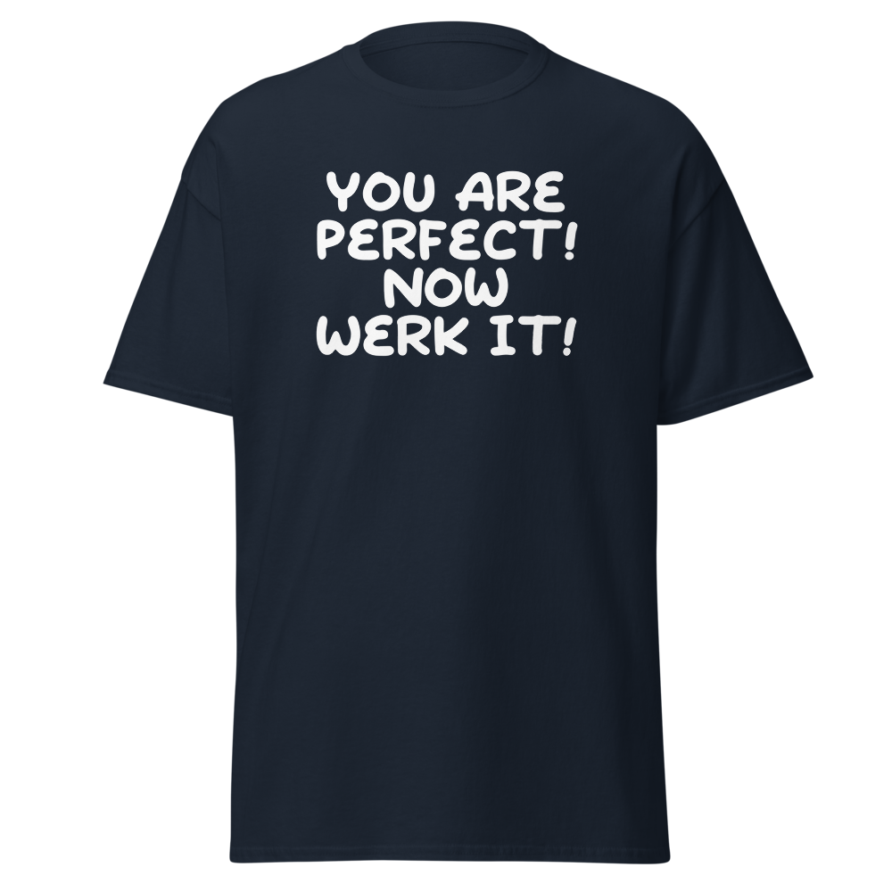 "You Are Perfect! Now Werk It!" printed on a navy on an invisible body