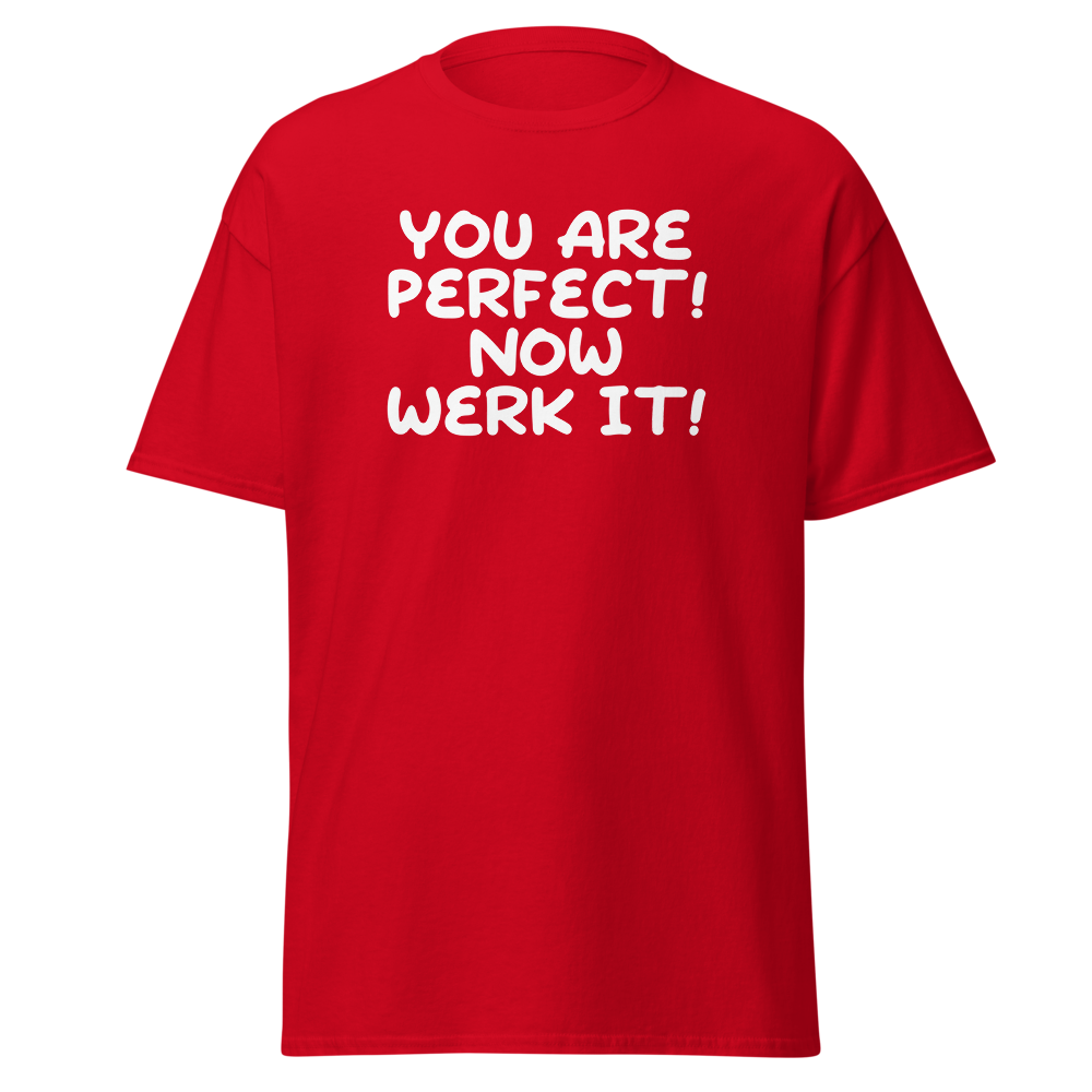 "You Are Perfect! Now Werk It!" printed on a red on an invisible body