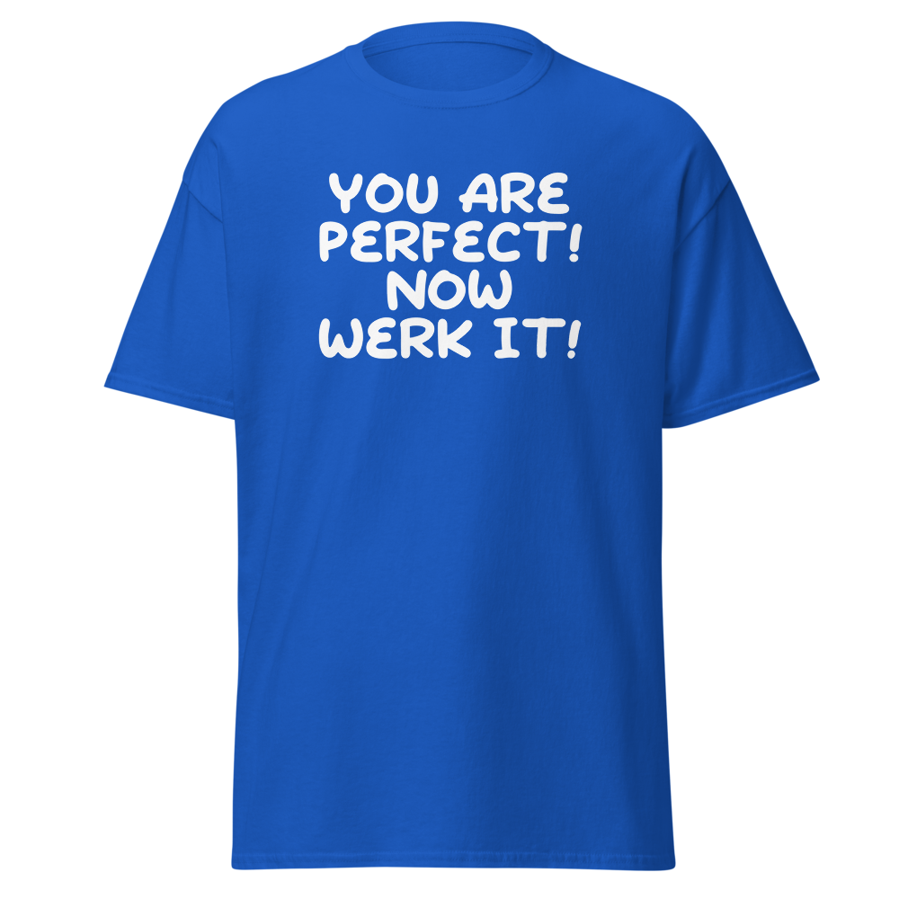 "You Are Perfect! Now Werk It!" printed on a royal on an invisible body