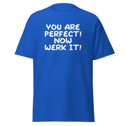 "You Are Perfect! Now Werk It!" printed on a royal on an invisible body
