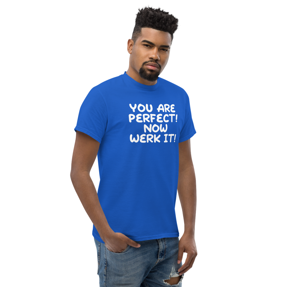 "You Are Perfect! Now Werk It!" printed on a royal unisex classic tee worn by a male