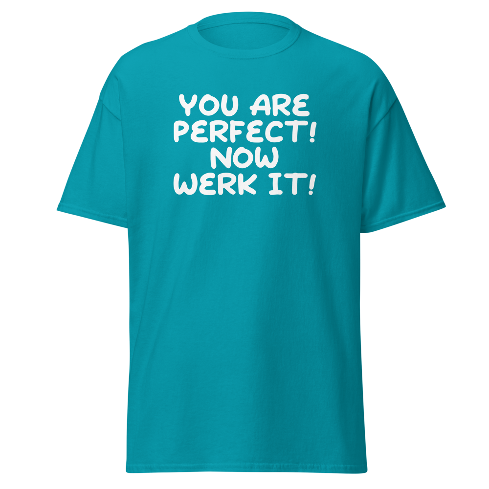 "You Are Perfect! Now Werk It!" printed on a tropical blue on an invisible body