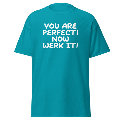 "You Are Perfect! Now Werk It!" printed on a tropical blue on an invisible body