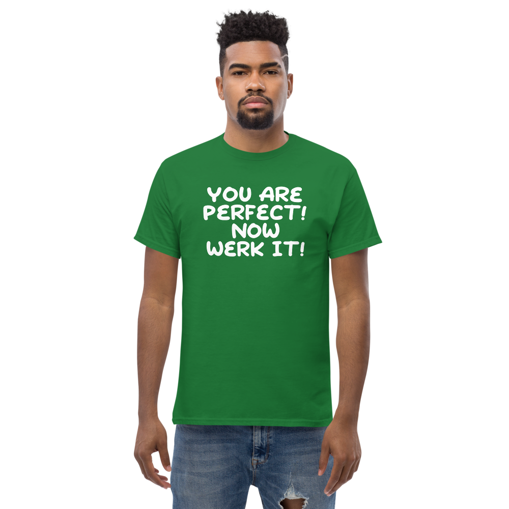 "You Are Perfect! Now Werk It!" printed on a turf green unisex classic tee worn by a male