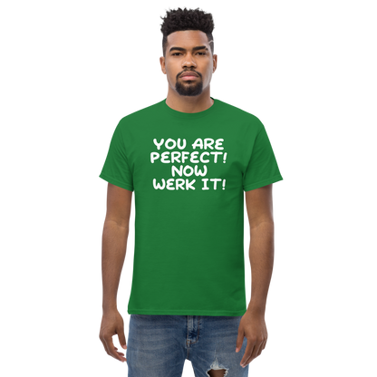 "You Are Perfect! Now Werk It!" printed on a turf green unisex classic tee worn by a male