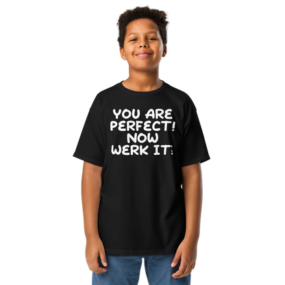 "You Are Perfect! Now Werk It!" printed on a black youth classic tee worn by a male